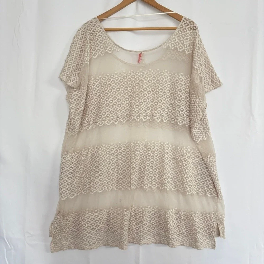 Free People Sheer Unconventional Lace Overlay Tunic Long Blouse Boho Dress Ivory